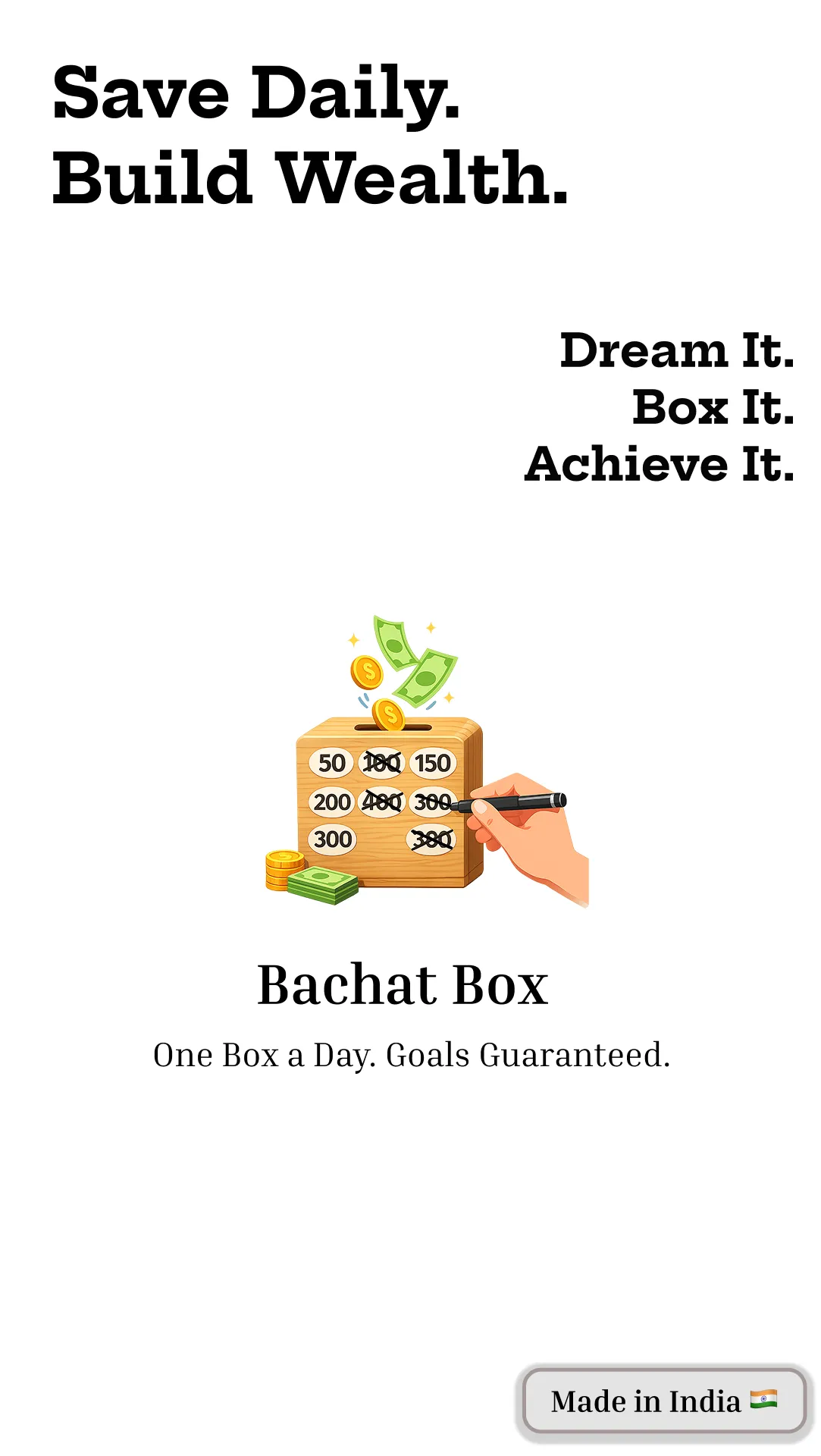 Bachat Box daily savings app showing digital money box for goal-based saving and wealth building
