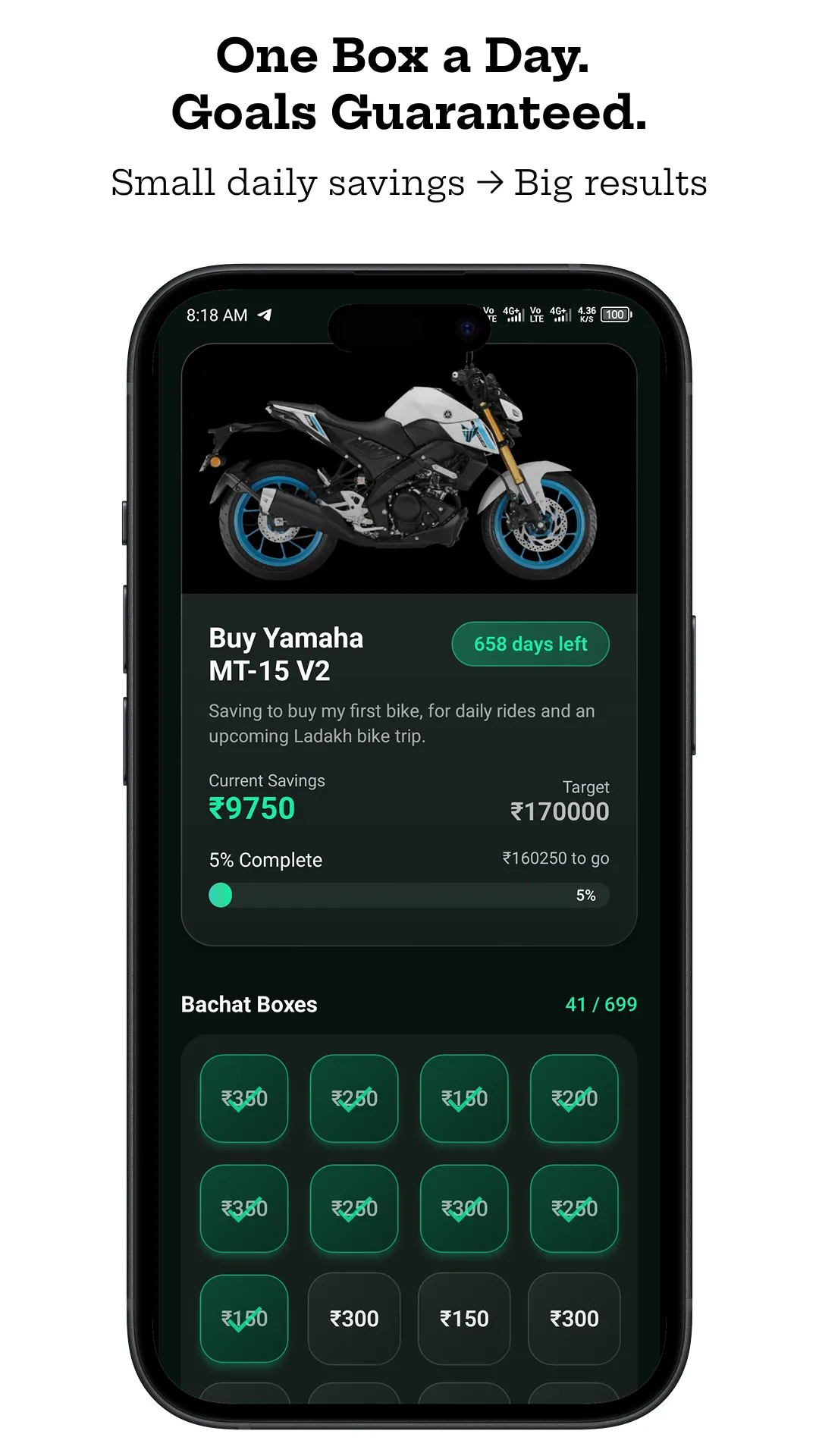 Bachat Box save one box a day money saving method screen
