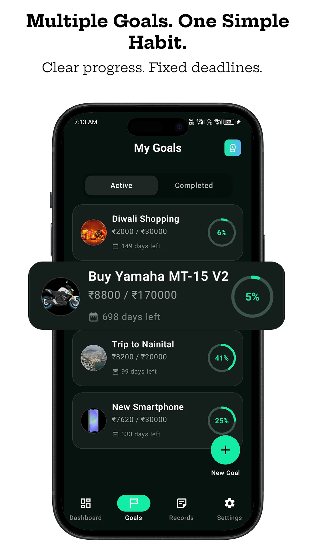 Bachat Box goal-based saving feature screenshot showing savings progress