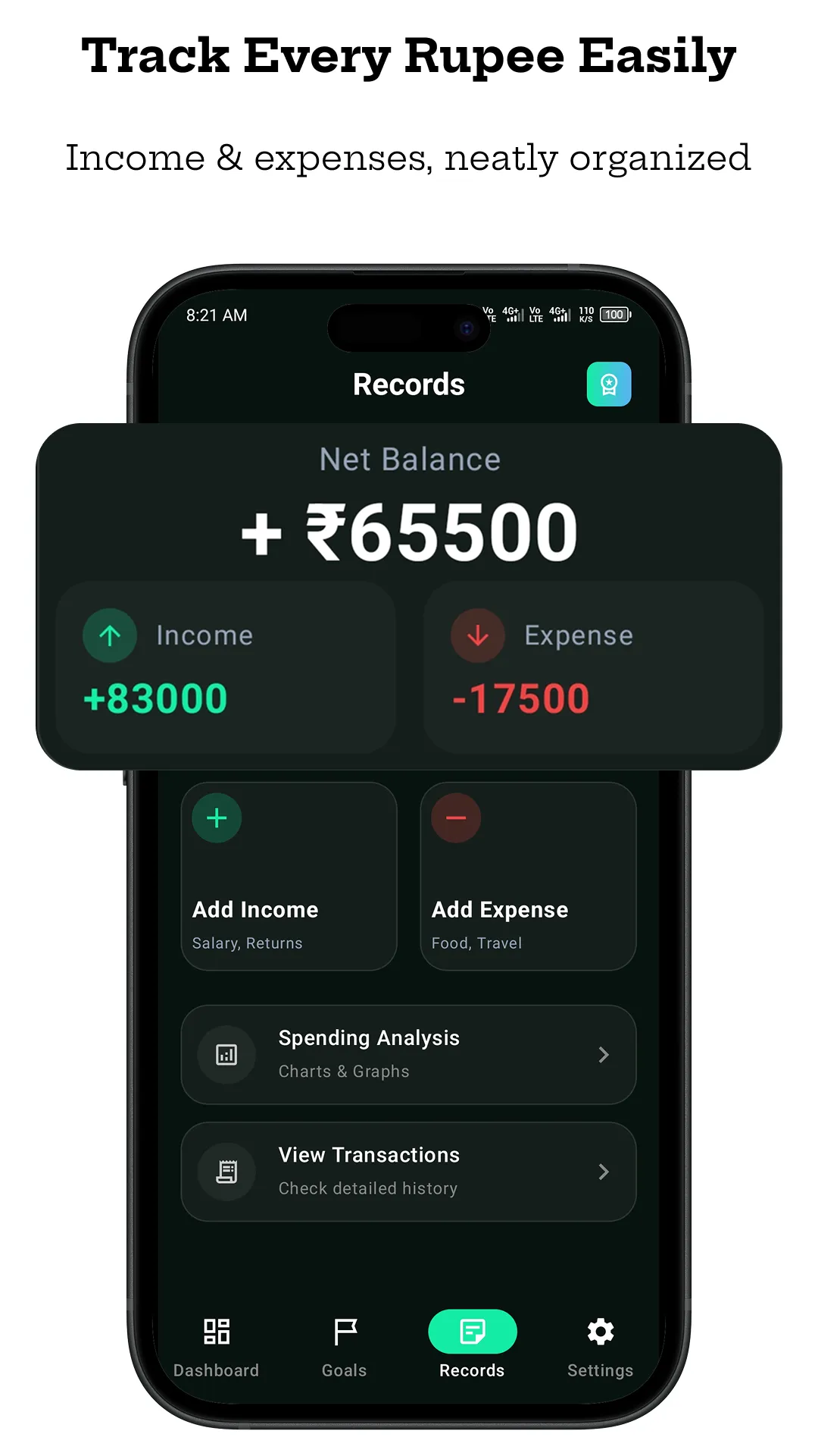 Track daily expenses feature inside Bachat Box savings app