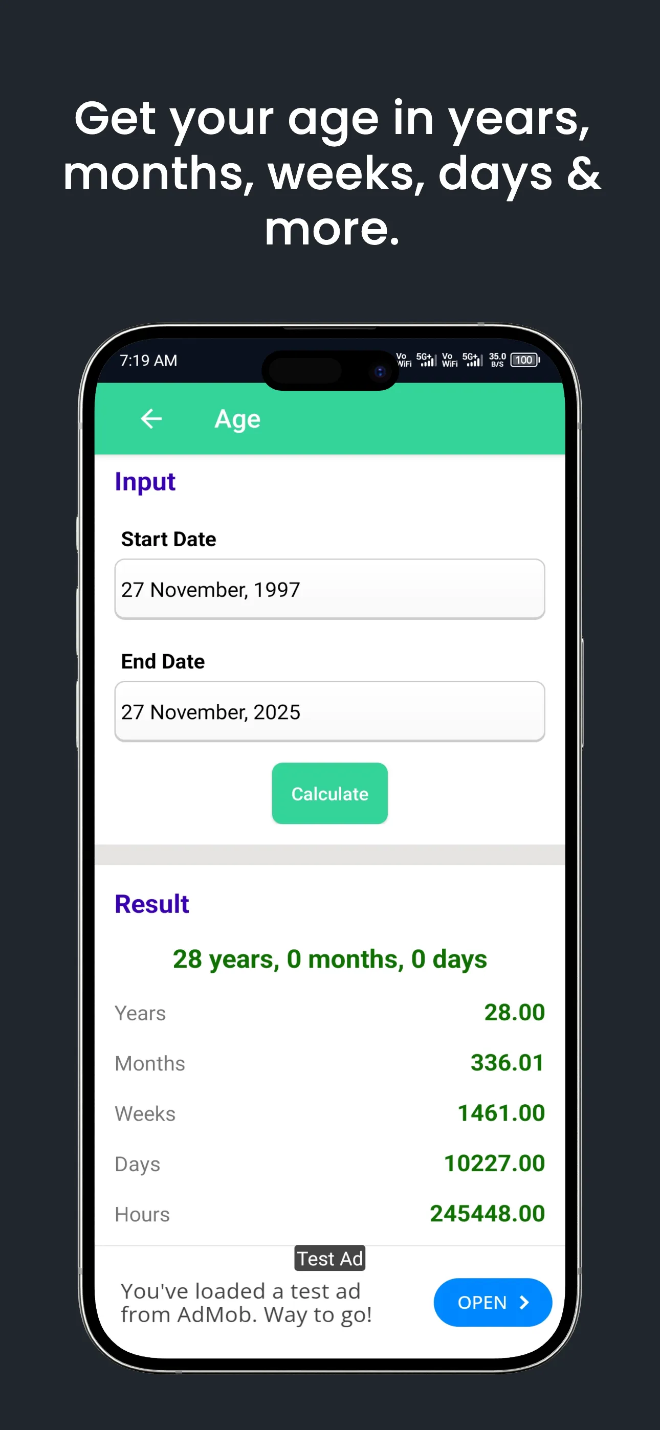 Sateek Toolkit age calculator showing age in years, months, weeks, and days