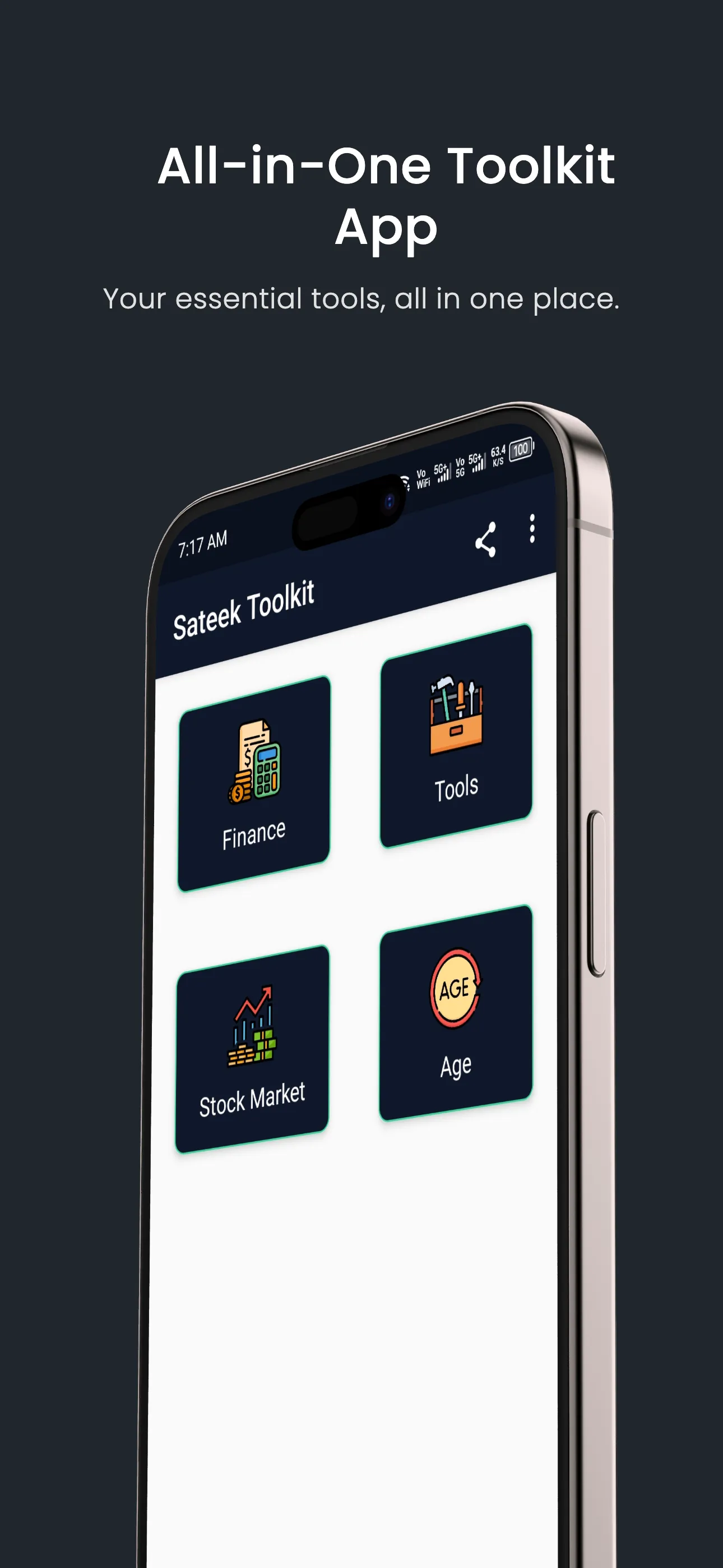 Sateek Toolkit all-in-one utility app home screen with finance tools, stock market, age calculator, and digital tools