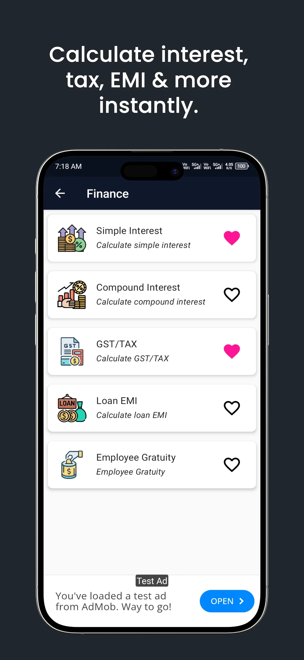 Sateek Toolkit finance calculator screen showing EMI, GST, simple and compound interest tools